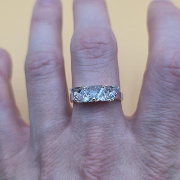 Size 10 Sterling Silver Triangle Light Blue Topaz And Clear CZ Gems Ring A5885 - Picture 4 of 9